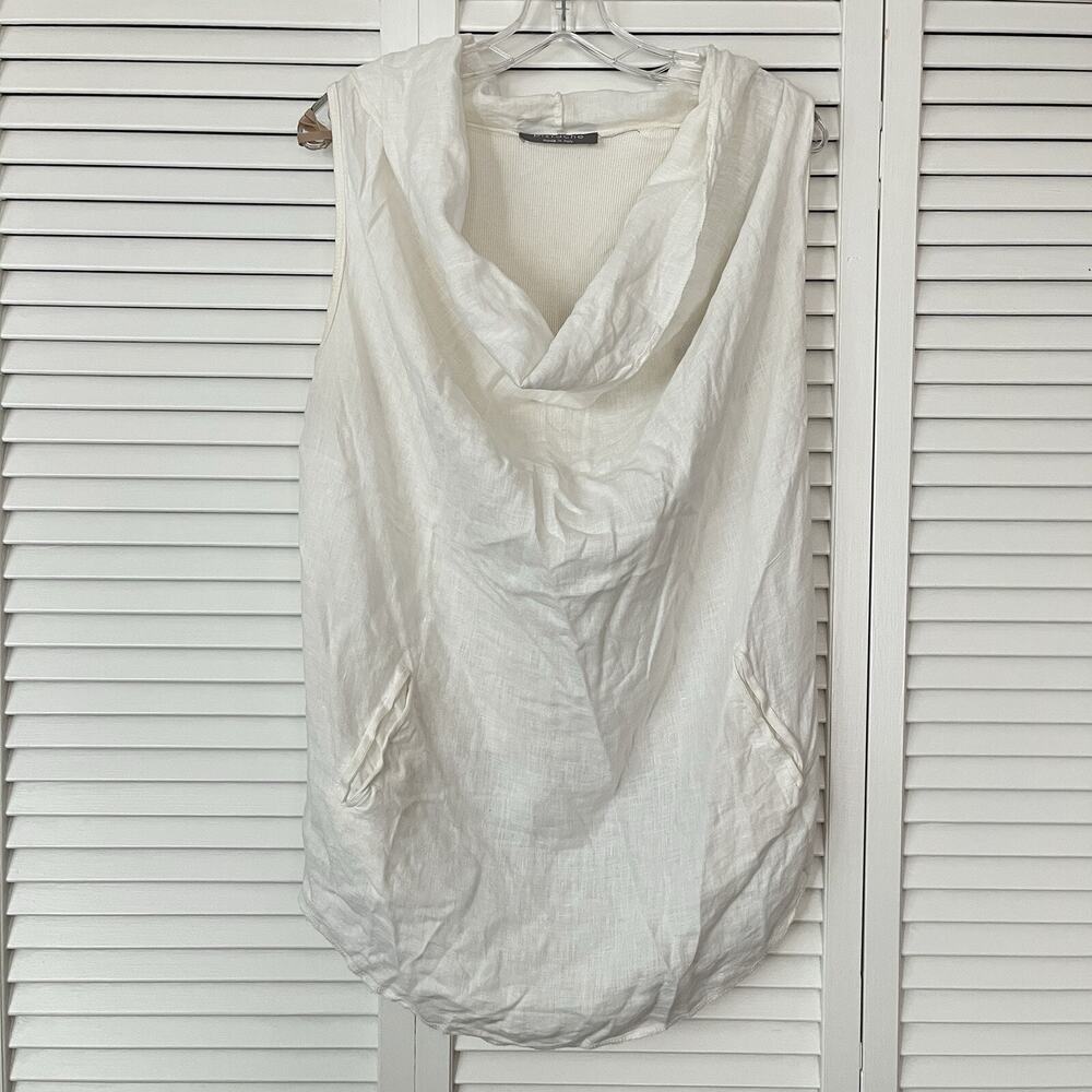 Pistache Ivory Cowl Neck sleeveless blouse with pockets, cotton & linen blend, M